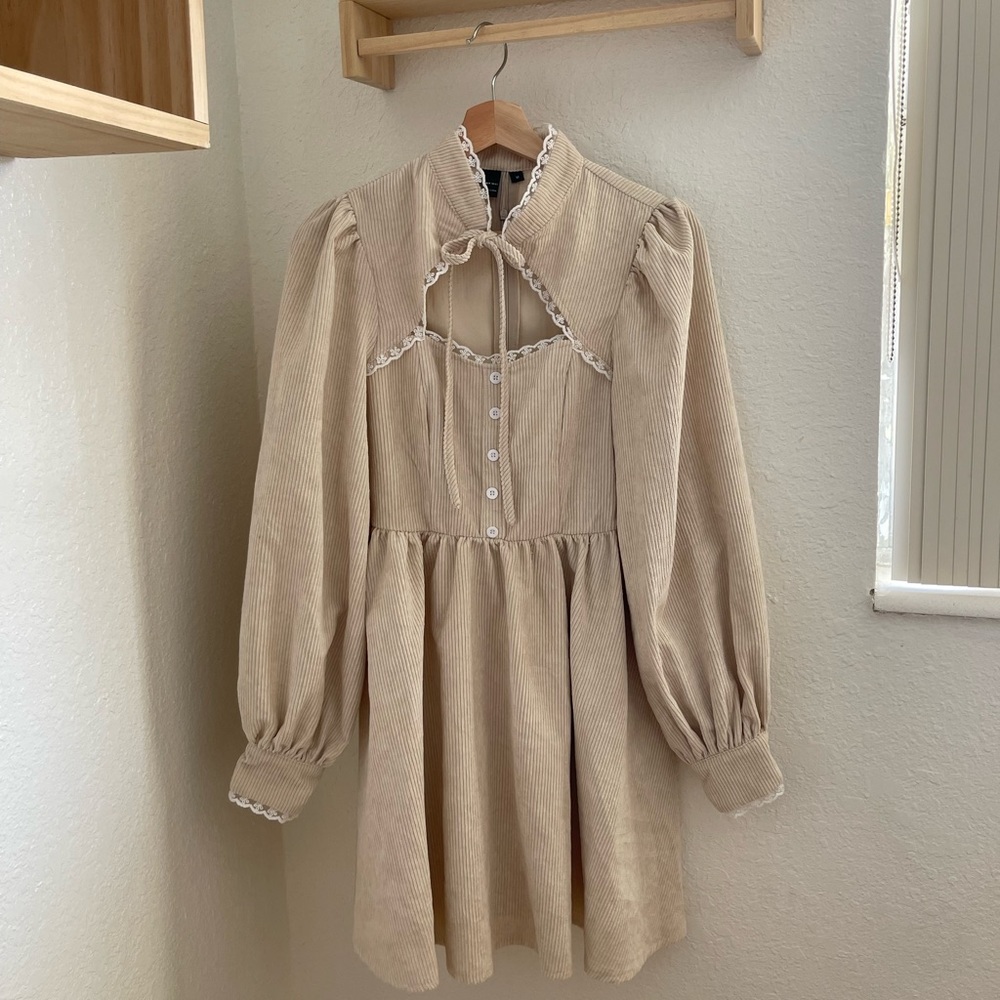 tie neck lace trim lantern sleeve corduroy dress